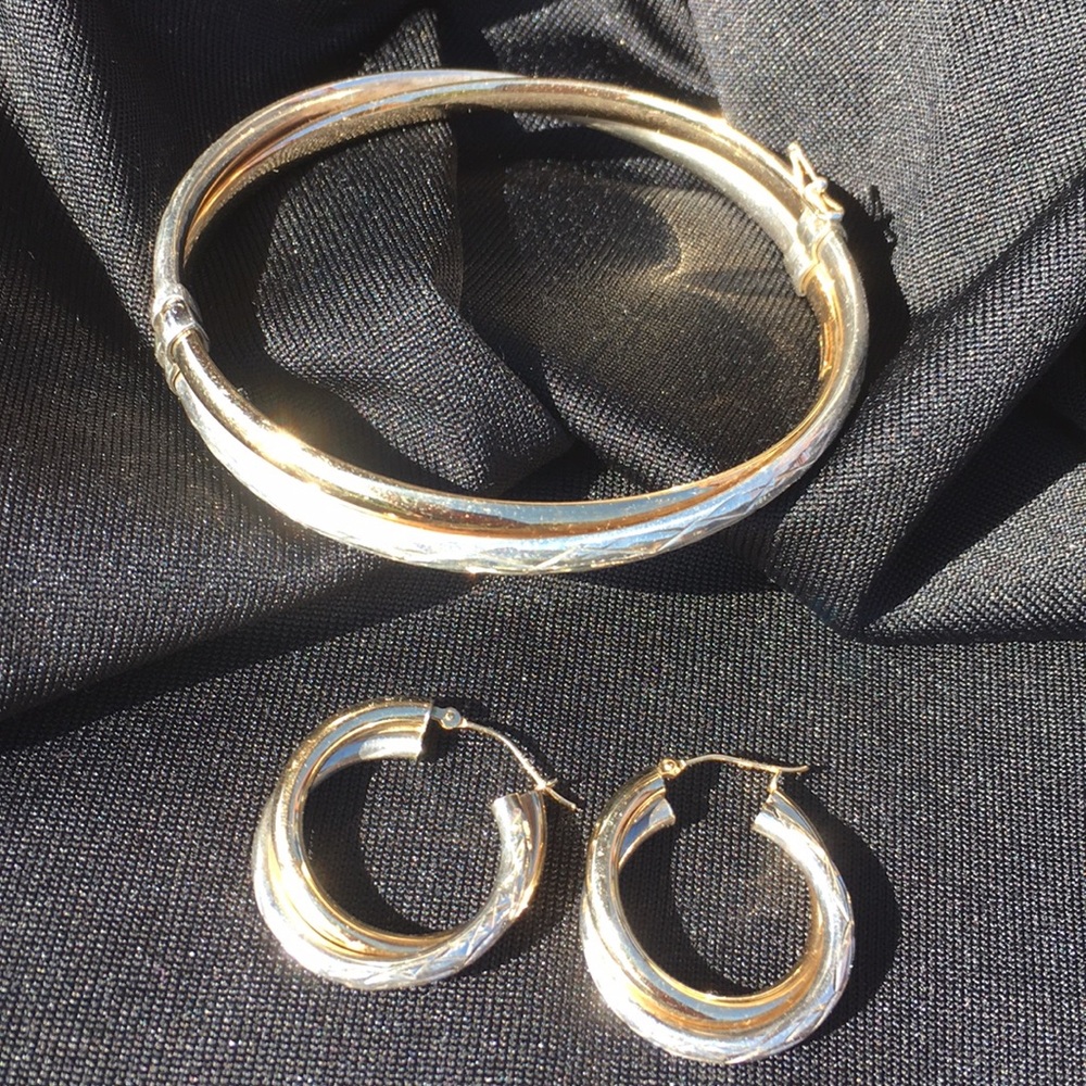 925+1/20 14k AU   2 Tone Bangle & Hoop Earring Set
